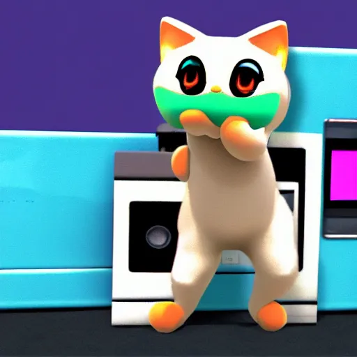 Image similar to nintendo 64 screenshot of a cute cat dancing in front of a Boombox, cute