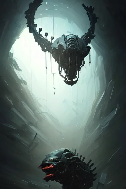 Prompt: professional concept art portrait of a ominous floating robotic terrifying!! species thing in a dark room by artgerm and greg rutkowski. an intricate, elegant, highly detailed digital painting, concept art, smooth, sharp focus, illustration, in the style of cam sykes.