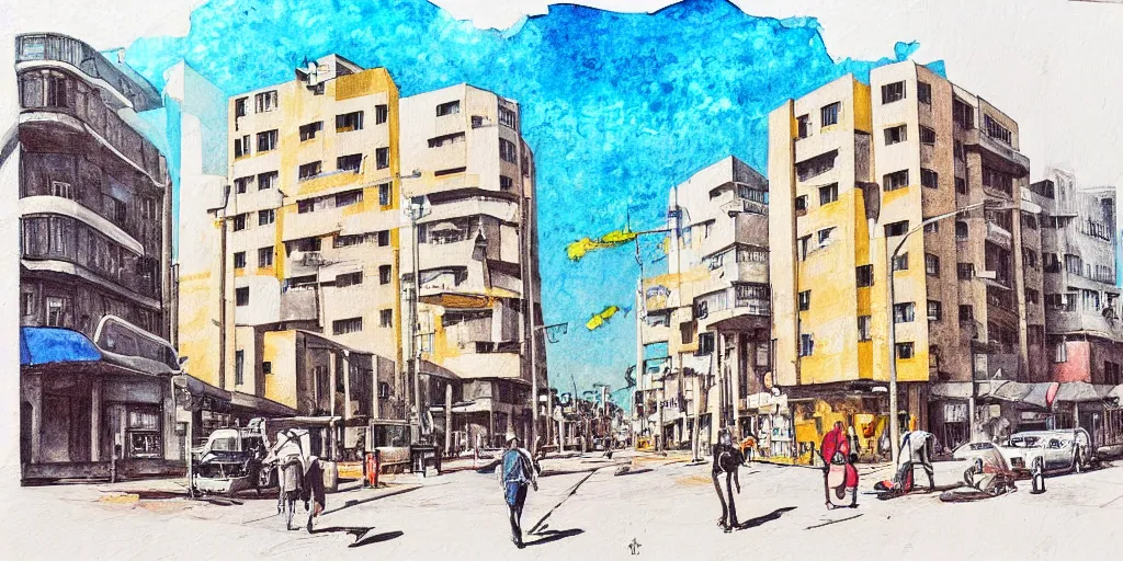 Image similar to bauhaus style street artists. painting of rounded bauhaus buildings in a junction in tel aviv. highly detailed. pen drawing painted with watercolors. colorful. low buildings. palm trees. super realistic. fluffy