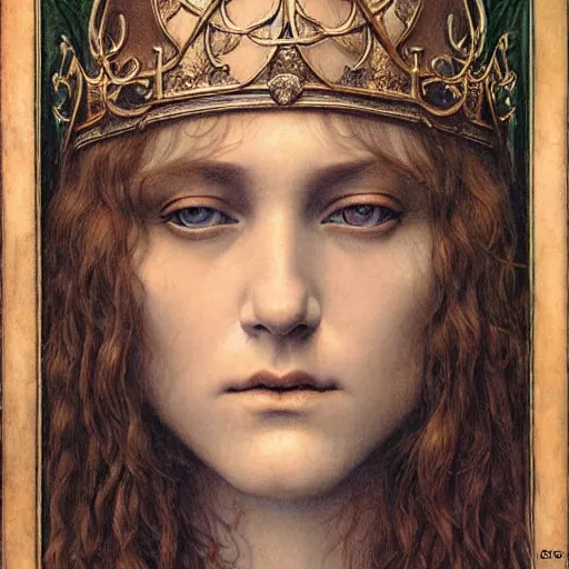 Image similar to detailed realistic beautiful young medieval queen face portrait by jean delville and marco mazzoni, art nouveau, symbolist, visionary, gothic, pre - raphaelite