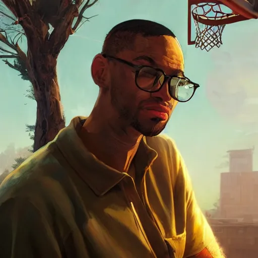 Image similar to highly detailed basketball player, in gta v, stephen bliss, unreal engine, fantasy art by greg rutkowski, loish, rhads, ferdinand knab, makoto shinkai and lois van baarle, ilya kuvshinov, rossdraws, tom bagshaw, global illumination, radiant light, detailed and intricate environment