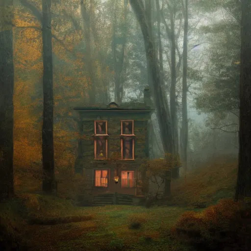 Image similar to shamans house in an autumn forest, green and brown tones, by Aron Wiesenfeld and beksincki, cinematic, detailed illustration, nature, fog, dark colors, suspense, intricate, 8k