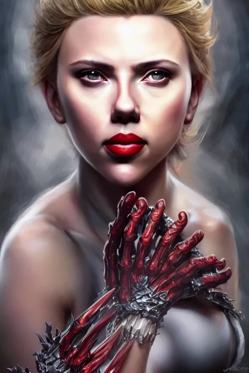 Prompt: Scarlett Johansson as the Queen of Hell , Highly Detailed anatomy, only two hands, highly detailed, digital painting, artstation, concept art, smooth, sharp focus, illustration, Unreal Engine 5, 8K, art by art by artgerm and greg rutkowski and edgar maxence