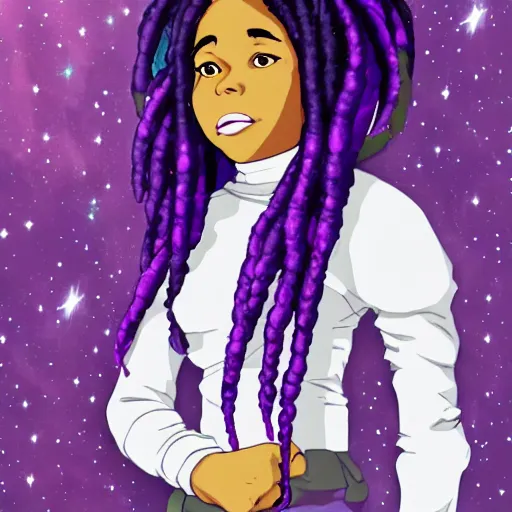 Prompt: black woman with purple dreads in space in the style of ghibli