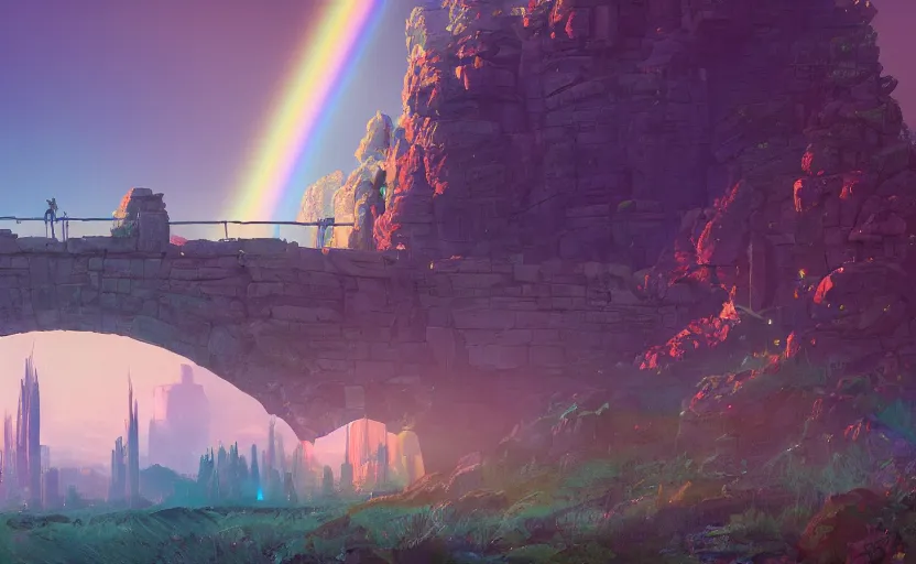 Image similar to A landscape with a giant rainbow bridge leading to a castle, magical portal, cyberpunk, glowing runes, technology, Low level, rendered by Beeple, Makoto Shinkai, syd meade, simon stålenhag, environment concept, synthwave style, digital art, unreal engine, WLOP, trending on artstation, 4K UHD image, octane render,