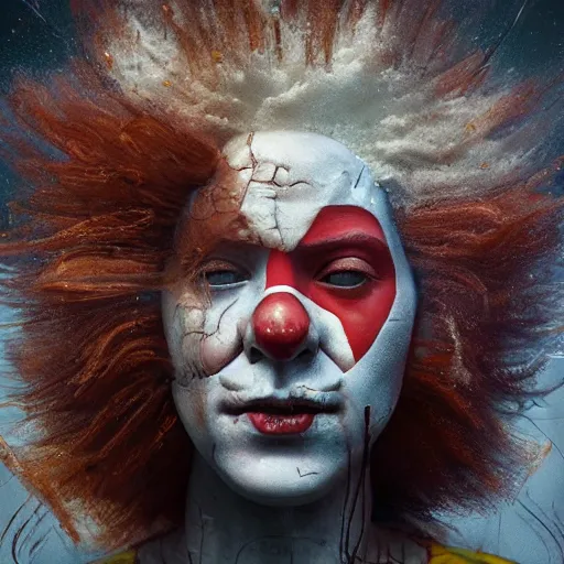 Prompt: Very very very very highly detailed epic central composition photo of Ronald McDonald face, intricate, dystopian, sci-fi, extremely detailed, digital painting, smooth, sharp focus, illustration, intimidating lighting, incredible art by Brooke Shaden, artstation, concept art, Octane render in Maya and Houdini