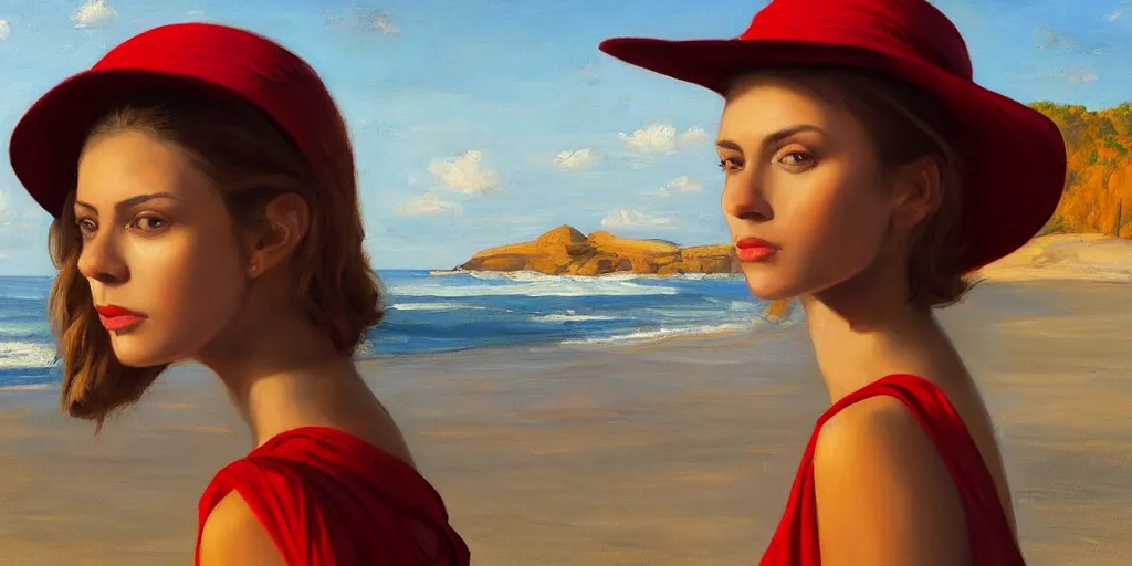 Prompt: beautiful oil matte portrait painting, young woman with red dress and mustard yellow summer hat at a beach on a sunny day, wonderful masterpiece highly detailed, beautiful cinematic light deep focus, elegant, digital painting, smooth, sharp focus, golden ratio, dramatic illumination, ultra realistic, 8 k, art by jimmy law and caravaggio