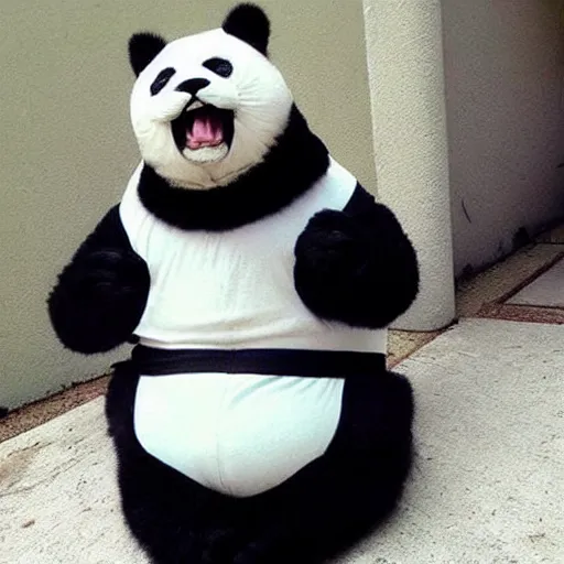 Prompt: ultra super angry fat cat dressed in a extra funny panda costume