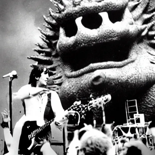 Prompt: Godzilla playing with The Who, on stage at Woodstock, photo