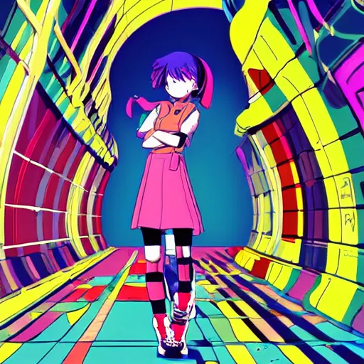 Image similar to anime girl with colorful clothes, eccentric hairstyle, cel - shading, 2 0 0 1 anime, flcl, jet set radio future, golden hour, underground facility, underground tunnel, pipes, rollerbladers, rollerskaters, cel - shaded, jsrf, strong shadows, vivid hues, y 2 k aesthetic