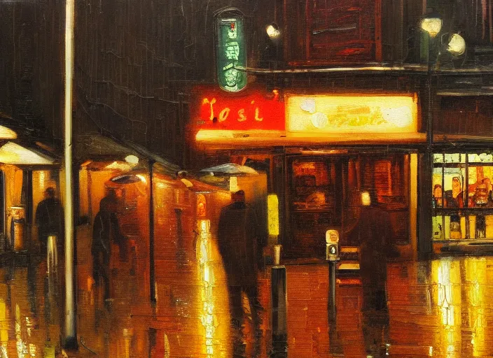 Prompt: last open ramen place in a street at night, melancholic, rainy night, in the style of australian tonalism, oil on canvas