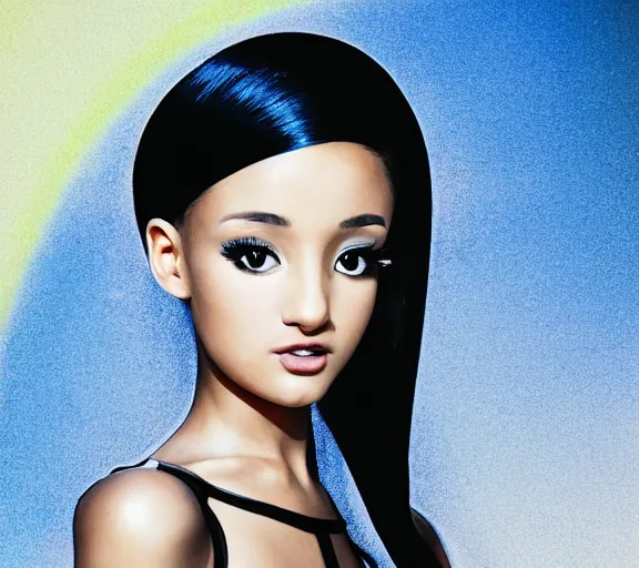 Prompt: very beautiful closeup portrait of a black bobcut hair style futuristic ariana grande in a blend of manga - style art, augmented with vibrant composition and color, all filtered through a cybernetic lens, by hiroyuki mitsume - takahashi and noriyoshi ohrai and annie leibovitz, dynamic lighting, flashy modern background with black stripes