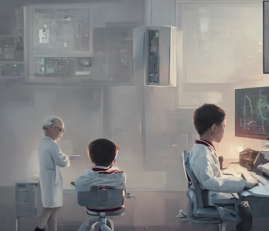 Image similar to a portrait of single smart child in a white coat in front of a computer and screens in a painting from stalenhag, 4 k, 8 k, hdr, artstation