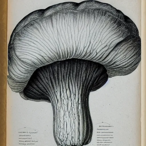 Image similar to botanical illustration of an alien mushroom. naturalist color illustration, textbook drawing, drawn on vellum, detailed illustration, nobel prize