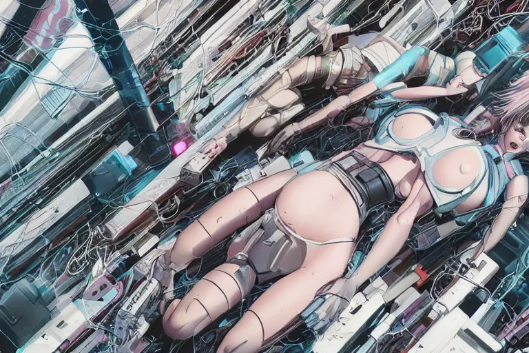 Prompt: a finely composed cyberpunk illustration of a group of motoko kusanagi-like white female androids in style of hajime sorayama, lying on an abstract, empty, white floor with their body parts scattered around and cables and wires coming out, by katsuhiro otomo and masamune shirow, hyper-detailed, intricate, colorful, view from above, wide angle, close up, beautiful