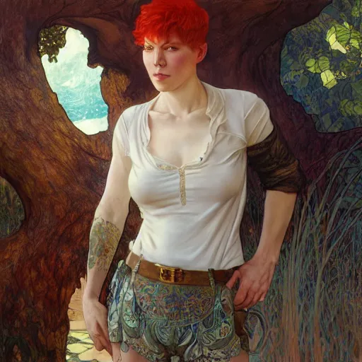 Prompt: James Coburn with red hair and long pixie haircut in shorts and white shirt drawn by Donato Giancola and Jon Foster, frank frazetta, alphonse mucha, background by James Jean and gustav klimt, 4k, volumetric lighting, french nouveau, trending on artstation, octane render, hyperrealistic