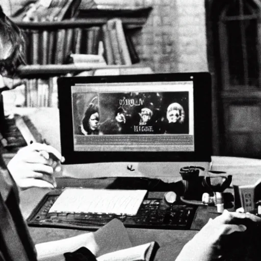 Prompt: Photo of Harry Potter using a computer in Hogwarts