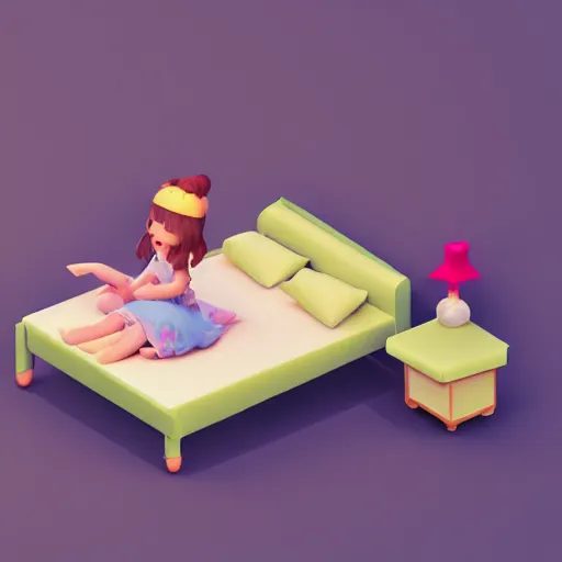 Prompt: 3d isometric rendering of a little cute girl on her bed dreaming of a beautiful forest, octane renderer, unreal engine, 4K, trending on artstation