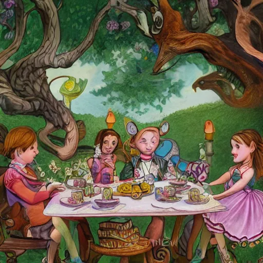 Image similar to A highly detailed and beautiful illustration of an Alice in Wonderland style tea party, with stunningly realistic and sharp focus close up details, by Lulu Chen, for a top-rated and award winning children's book