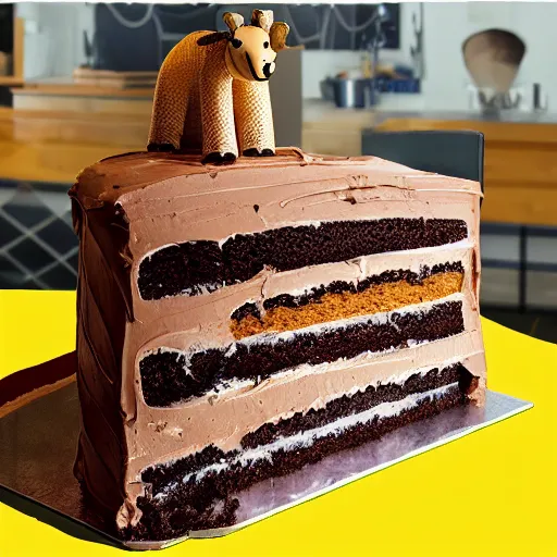 Prompt: an advertisement photo of a huge cake in the shape of an giraffe