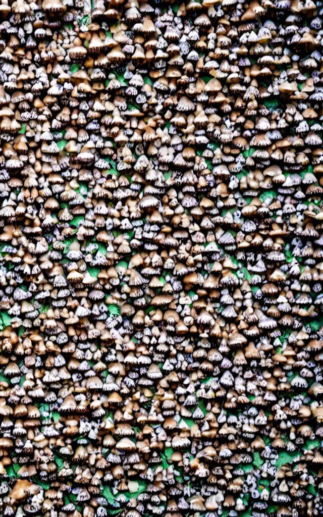 Image similar to photo of a wall covered in hundreds of pictures of mushrooms with hundreds of pictures of mushrooms in the shape of a mushroom, 8k