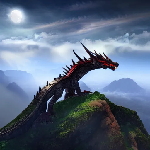 Image similar to giant majestic epic dragon on a mountain between the clouds, epic, volumetric light, volumetric fog, extreme details, 8 k, realistic