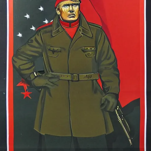 Image similar to ussr propaganda art demonstrating red army soldier looking as donald trump