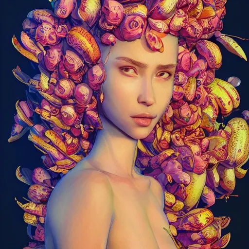 Prompt: the portrait of an absurdly beautiful, graceful, elegant young woman made of bananas and petals, an ultrafine detailed illustration by kim jung gi, irakli nadar, intricate linework, bright colors, final fantasy, angular, unreal engine 5 highly rendered, global illumination, radiant light, detailed and intricate environment