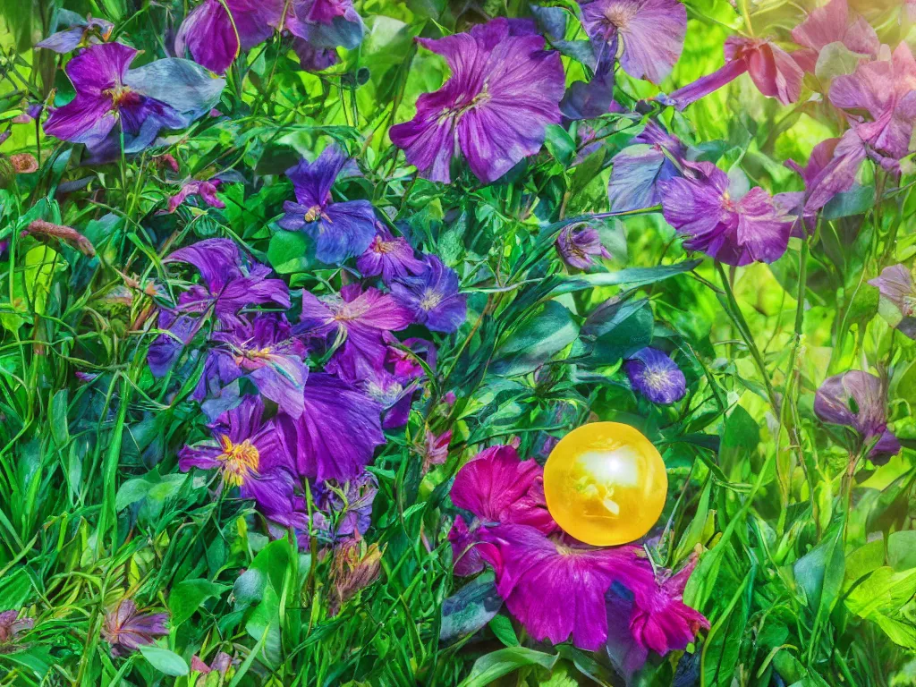 Prompt: sunlight study, kauai wildflower undergrowth within the orb, art nouveau, by maria sibylla merian and ( ( ( ( ( lisa frank ) ) ) ) ), 8 k, sharp focus, octane render