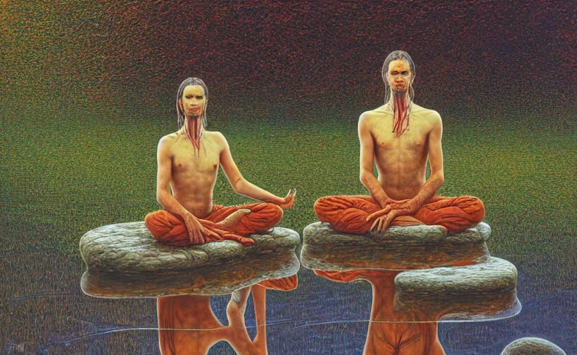 Image similar to psychedelic shaman meditating in the lotus position, levitating over reflecting pool hd by Peter gric