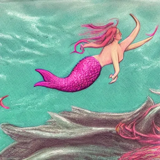 Prompt: mermaid jumping from water, pastel color fantasy art