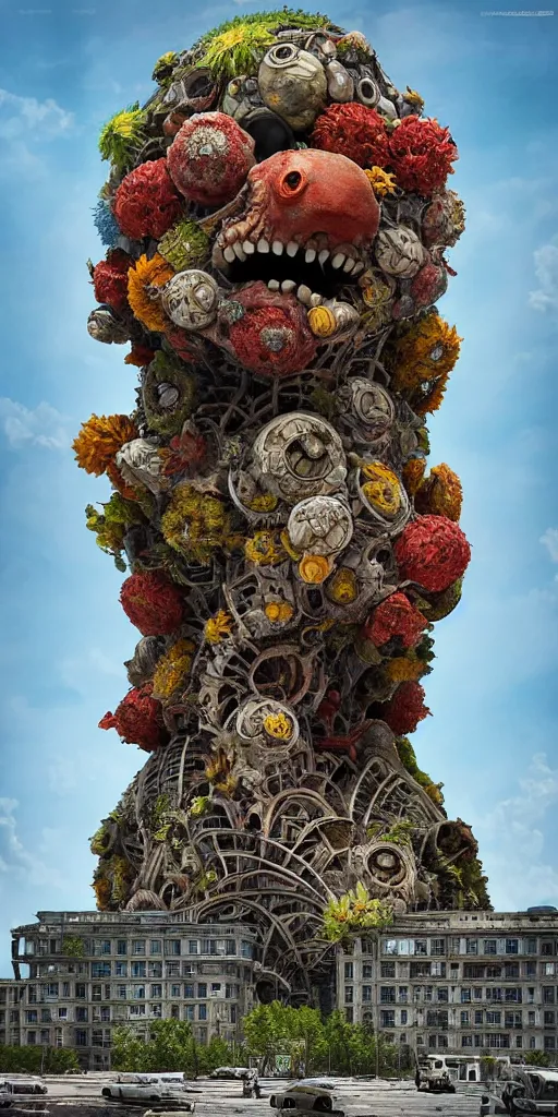 Image similar to colossal grotesque prehistoric alien flower made from best unfulfilled mankind projects in the middle of abandoned post soviet constructivist cityscape, Stalinist architecture, ultradetailed, Intricate by Hayao Miyazaki and Josan Gonzalez and Makoto Shinkai and Giuseppe Arcimboldo and Wes Anderson