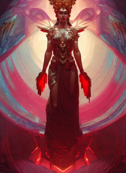 Prompt: the goddess hera looking angry, paper armour, volumetric lights, red and cyan theme, dystopian, intricate, elegant, highly detailed, digital painting, artstation, concept art, smooth, sharp focus, symmetric face, illustration, art by artgerm and greg rutkowski and alphonse mucha