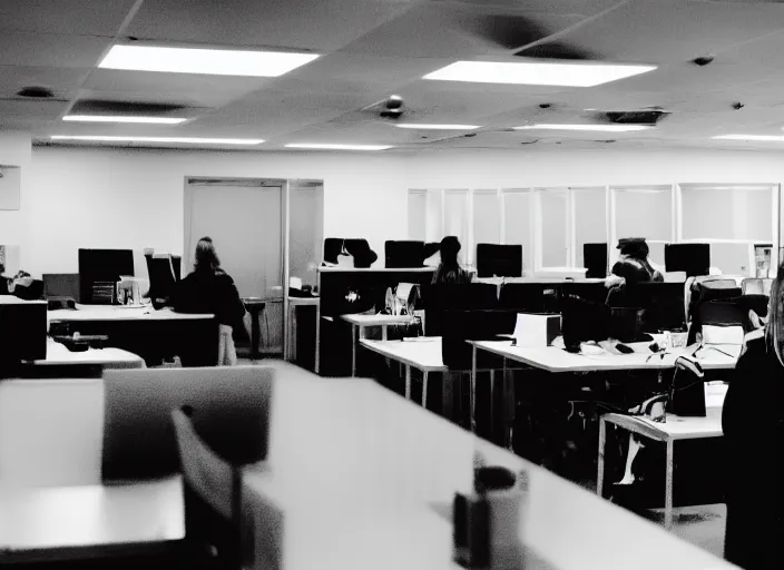 Prompt: dimly lit security cam footage of an office full of people at night with the lights turned off. the people stare blankly ahead, unmoving.