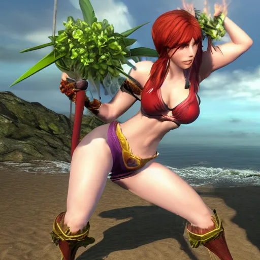 Prompt: ivy from soulcalibur at the beach, 4k, high detail, high-resolution photograph, professional photography, ultra-detail