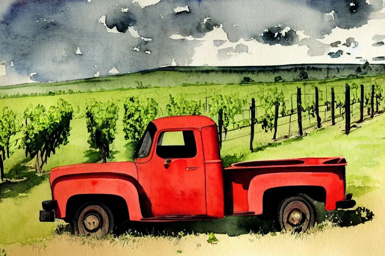 Image similar to dark cool watercolor painting of a vintage red truck in a vineyard by winslow homer