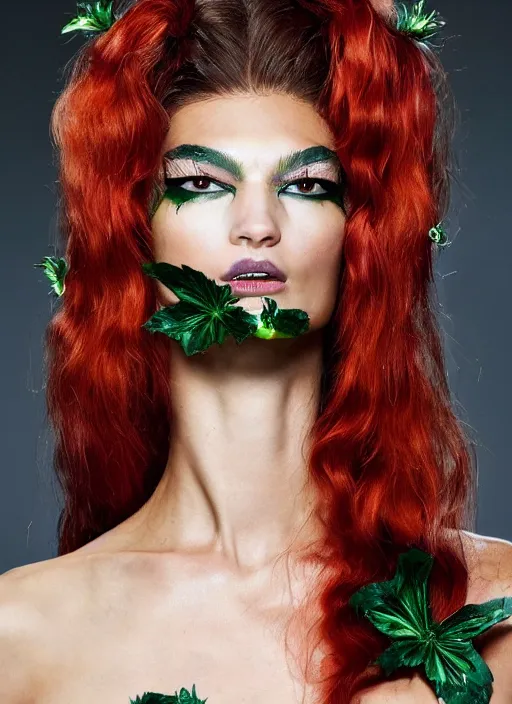 Image similar to A beautiful portrait of Ophelie Guillermand as Poison Ivy from Batman as a Versace fashion model Spring/Summer 2012, highly detailed, in the style of cinematic, Getty images, Milan fashion week backstage, Makeup by Pat McGrath, Greg rutkowski