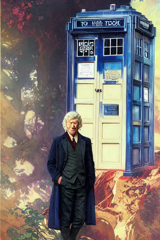 Image similar to The Third Doctor standing next to the TARDIS, portrait by Stanley Artgerm Lau, greg rutkowski, thomas kindkade, alphonse mucha, loish, norman Rockwell