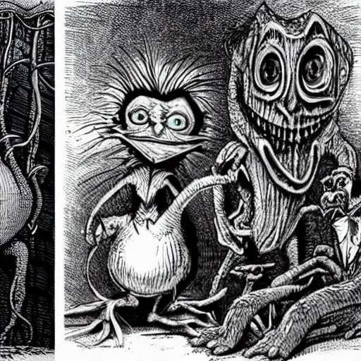 Prompt: all mimsy were the borogoves, and the mome raths outgrabe | lewis carroll and hp lovecraft with doctor seuss and hr giger