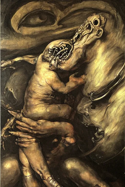 Image similar to canvas painting of saturn devouring his son in the syle of giger, giger art, francisco goya, mural, wall painting, extremely detailed, museum