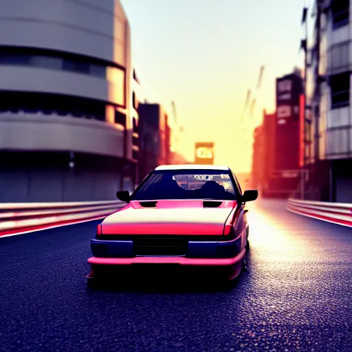 Image similar to a car drifting JZX100 on Ebisu Circuit, Shibuya prefecture, city sunset, cinematic color, photorealistic, highly detailed, bokeh, DOF, octane render