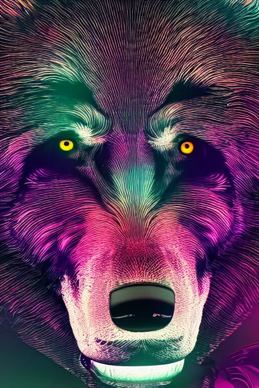 Prompt: psychedelic close-up shot from below of a wolf with style and swagger, clear dark background, object spotlight, octane render, HD, 8k, hyper realism, beautiful color pallet, epic, synthwave art style