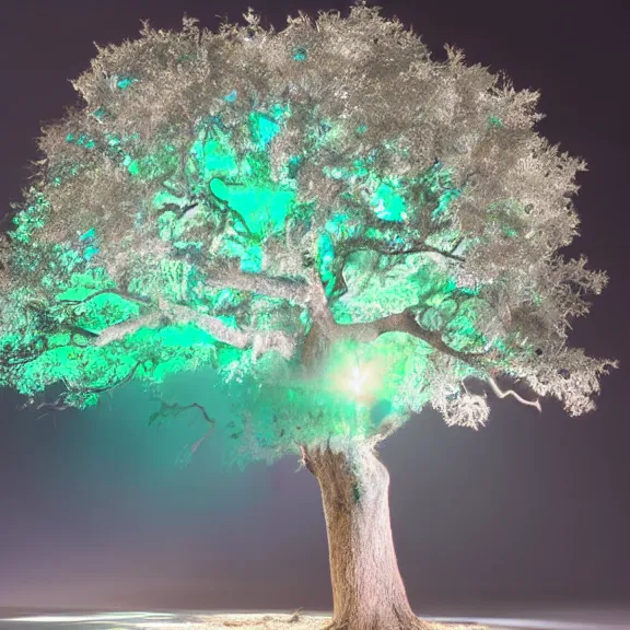 Giant glowing crystal tree under icy surface on Craiyon