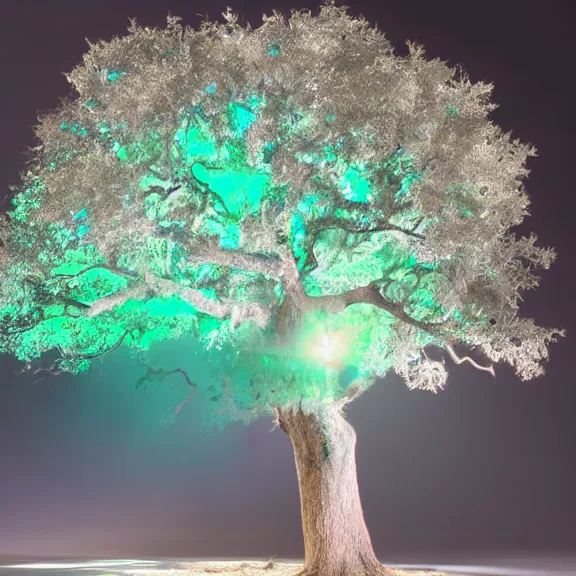 Prompt: crystal oak tree, phosphorescent skin, nacreous flare