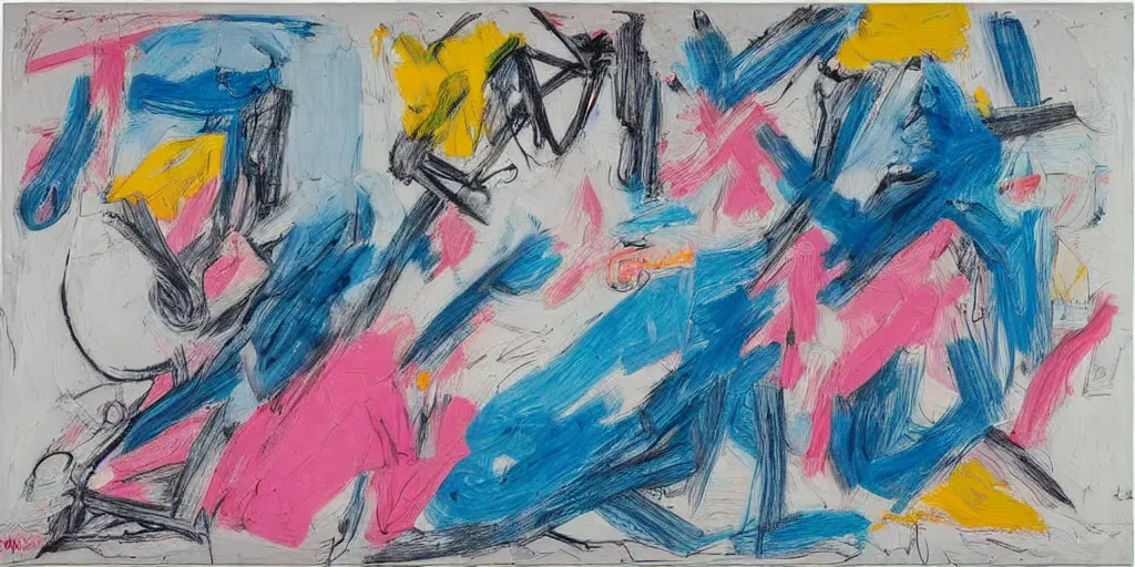 Prompt: 1 9 8 2 de kooning thin scribble on white canvas, blue and pink shift, sketch, drawn by yves tanguy, oil on canvas, thick impasto