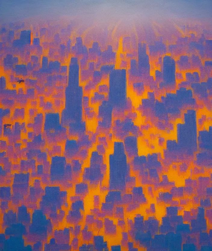 Image similar to A close up shot of a European City with rays of sunlight bouncing off the buildings, sunrise, sunset, bright yet cool colors, colors and rays of yellow orange red pink purple and blue cover the image, melancholic, nostalgic, cool, epic, oil painting, painting, trending on deviantart, trending on artstation, realistic, polaroid photograph, polaroid, lens blur, photo, realistic, hyperrealistic, very realistic, detailed, very detailed, intriciate detail, intricate details, HD quality, 4k resolution, 8k resolution, in the style of an album cover