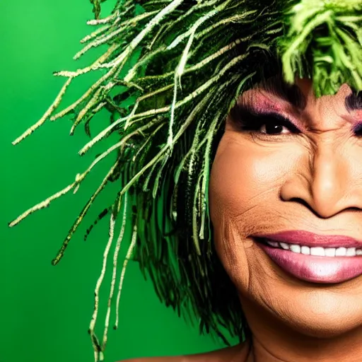 Image similar to tina turner portrait, green turnip hair leaves, colored, dslr, photoshoot