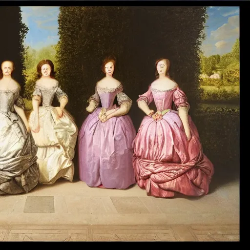 Image similar to fine art, oil on canvas. six women at the garden of the palace of versailles in france wearing fine clothes, no faces visibles. dark room with light coming through the right side. baroque style 1 6 5 6. high quality realistic recreation of illumination shadows and colors, no distortion on subject faces.