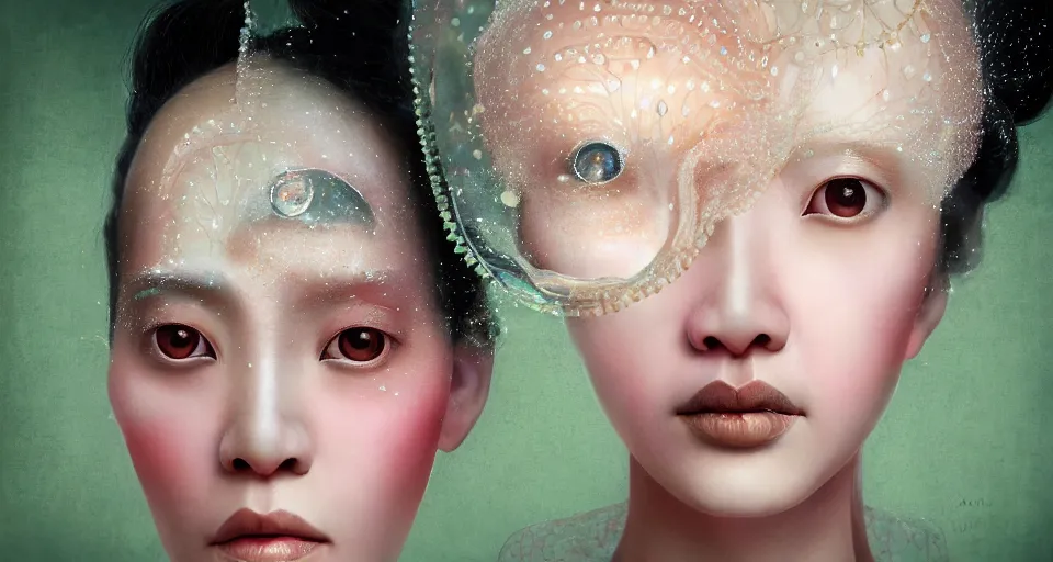 Image similar to closeup shot of asian female wearing a luminous soft fragile jelly fish dress, symmetrical face, by ray caesar, by louise dahl wolfe, by andrea kowch, by anna claren, surreal photography