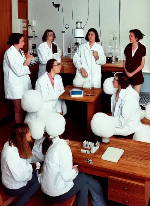 Image similar to realistic photo of a group of female scientists wearing white shorts, faces covered with white paint, watching at a levitating fluffy furry cloud, in a living room laboratory with many wooden gadgets made of wood interior is made of wood 1 9 9 0, life magazine reportage photo, natural colors